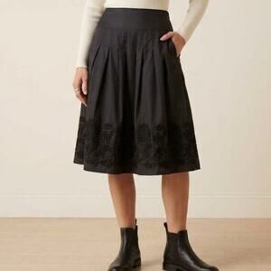 West End Vintage Chinlon Wool Pleated A-Line Skirt Black Floral Embroidered L